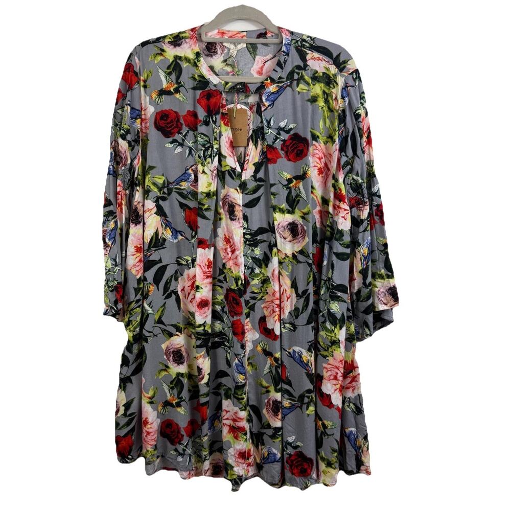 Umgee Floral Mini Dress in Gray with Red, Pink & Green Accents